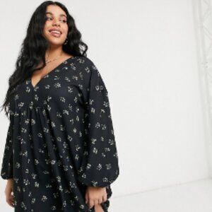 ASOS Curve Long Sleeve V-neck Mini Dress in Yellow Ditsy Floral Size 18